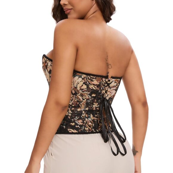 Women's Denim Corset Top Vintage Floral Lace Up Bustier Party Wear - Picture 2 of 6
